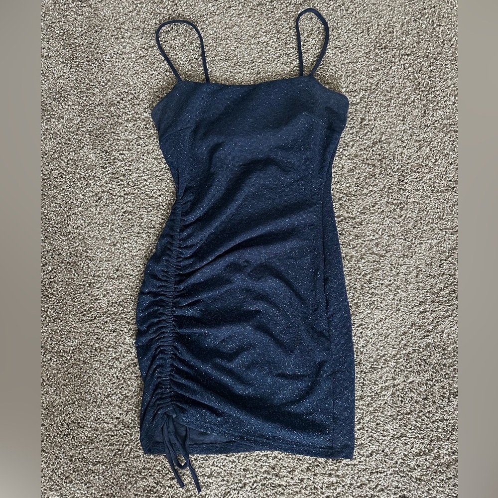Windsor Blue Asymmetrical Ruched Mini Dress
